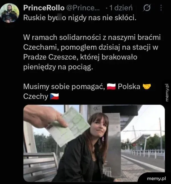 Zrzut ekranu z Twittera ze zdjęciem mężczyzny wręczającego banknoty kobiecie na stacji.