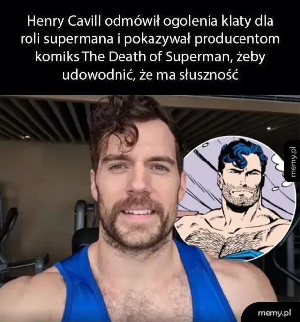 Zdjęcie Henry'ego Cavilla obok grafiki komiksowej przedstawiającej Supermana z owłosioną klatką.