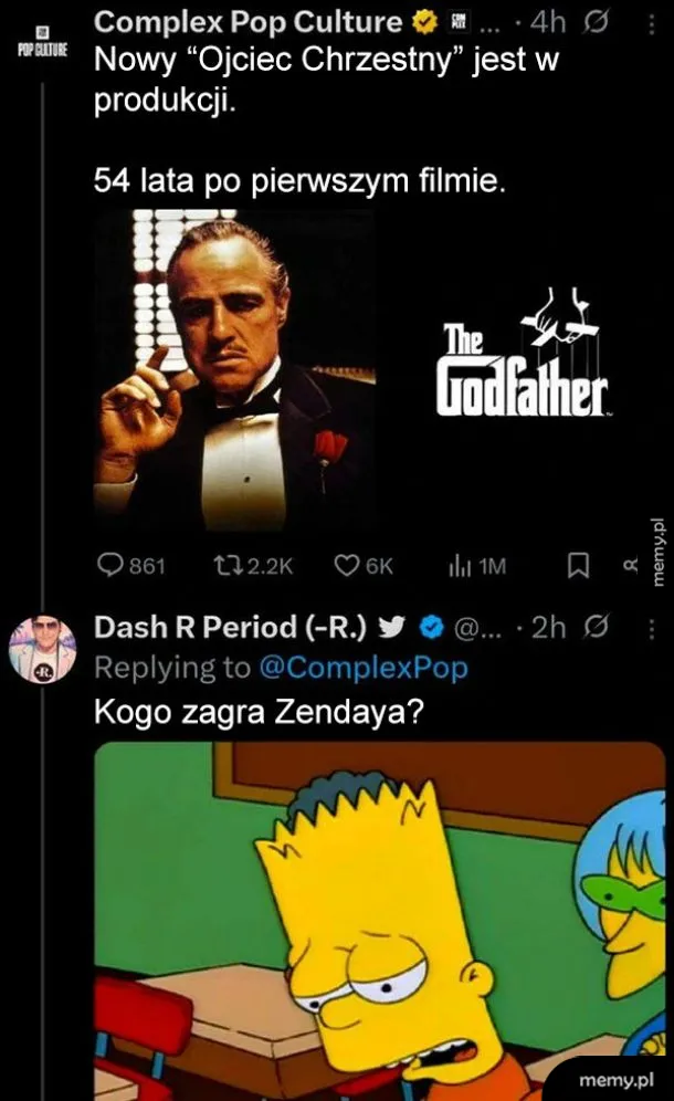 Zrzut ekranu z Twittera z informacją o nowym Ojcu Chrzestnym i komentarzem o Zendayi i Bartem Simpsonem