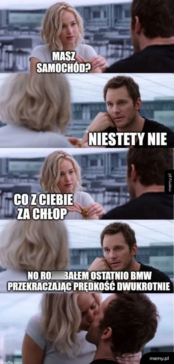 Kadr z filmu z Jennifer Lawrence i Chrisem Prattem rozmawiającymi w barze.