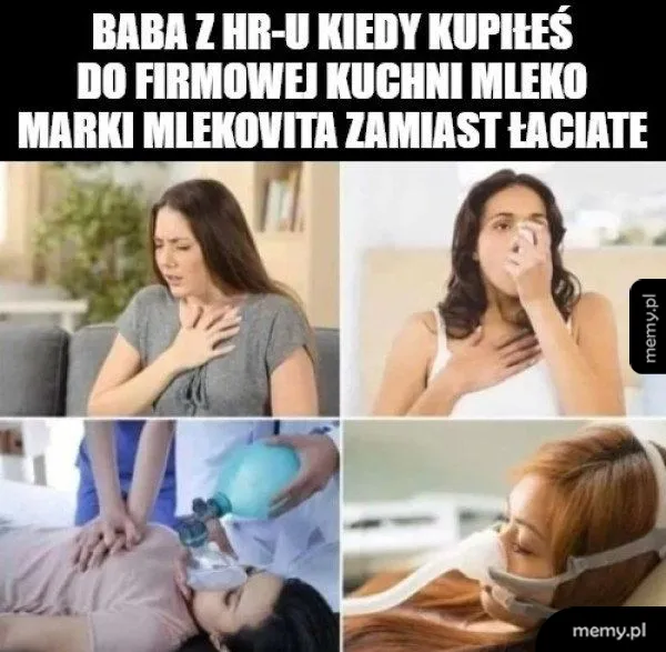 Cztery zdjęcia przedstawiające kobietę mającą problemy z oddychaniem i reanimowaną.