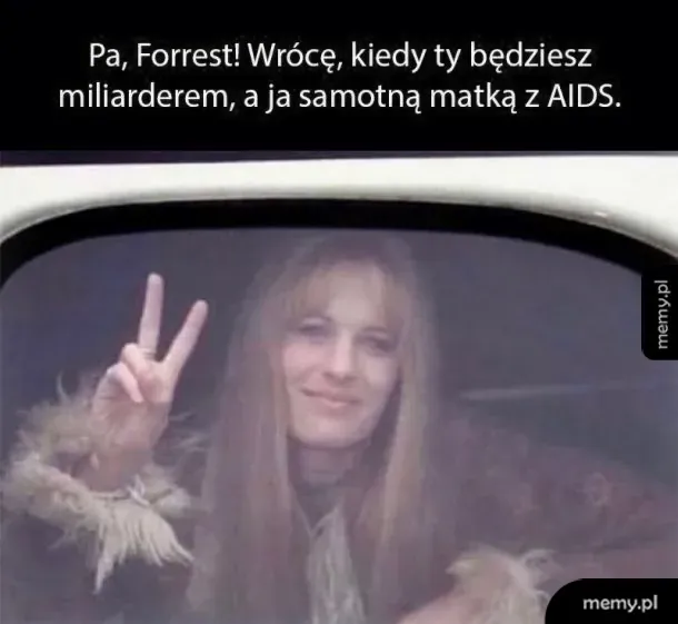 Jenny z filmu Forrest Gump wygłasza gest zwycięstwa przez okno samochodu
