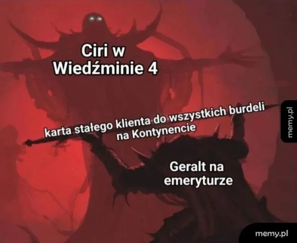 Mem z Wiedźminem: potężna postać przekazuje miecz innej w czerwonej scenerii.