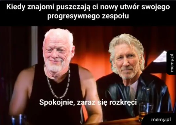 Mem z muzykami z zespołu Pink Floyd i napisem o progresywnej muzyce.