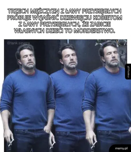 Trzy powtórzone postacie Bena Afflecka z papierosem zrezygnowane stoją z zamkniętymi oczami.