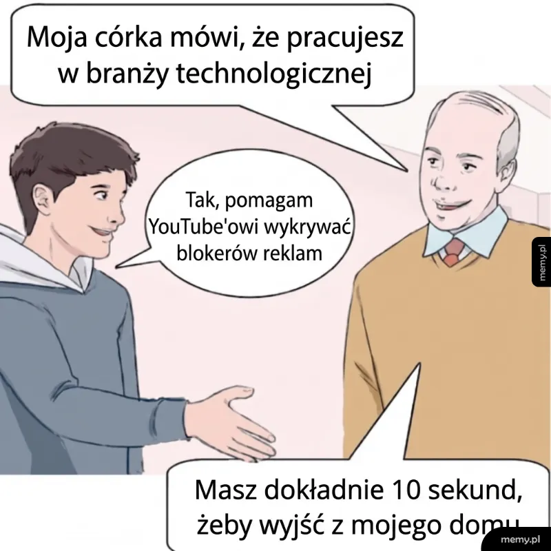 Mężczyzna rozmawia z chłopaków swojej córki, który pracuje przy blokowaniu adblocków na YouTube.