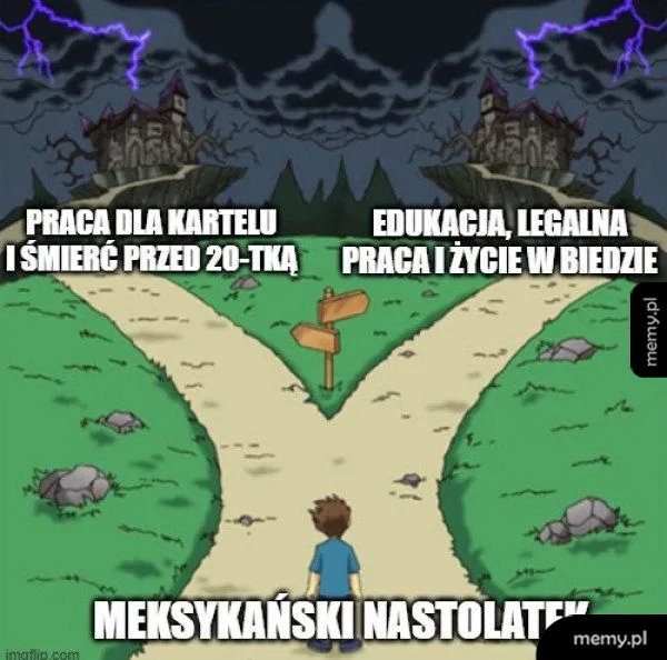 Meksykański nastolatek przed rozdrożem z dwoma ponurymi ścieżkami