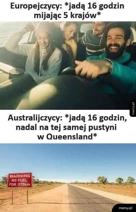 Mem porównujący podróżowanie w Europie i Australii
