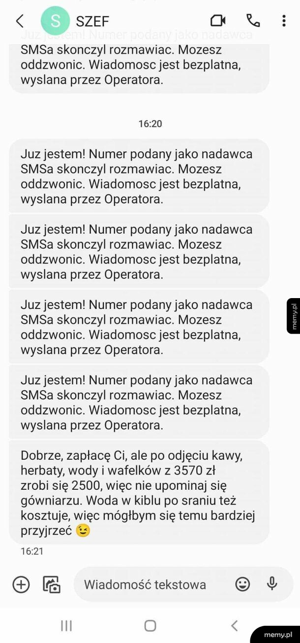 Zrzut ekranu z wiadomościami SMS od szefa, który potrąca koszty z pensji pracownika.