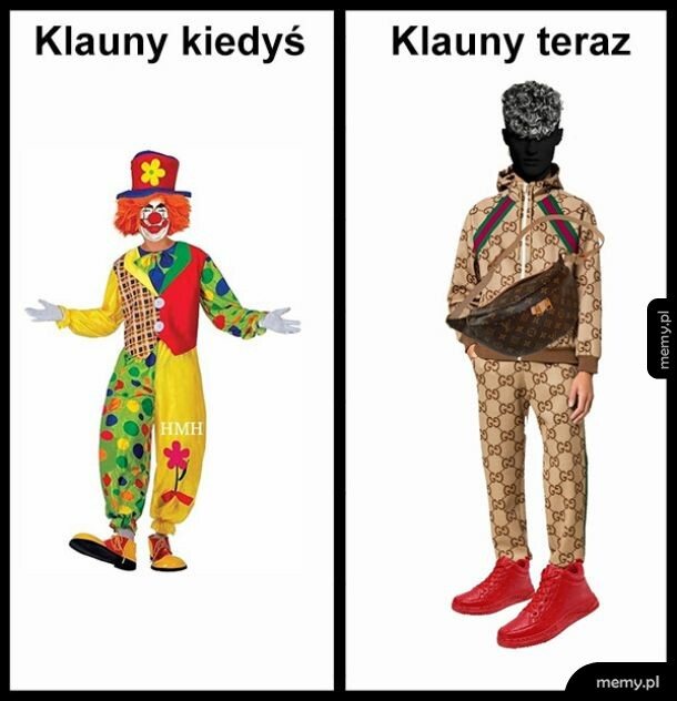 Porównanie tradycyjnego klowna z klaunem z dzisiejszych czasów w markowych ubraniach.