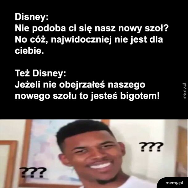 Mem z podpisem o Disney i zdezorientowanym mężczyzną z pytajnikami.