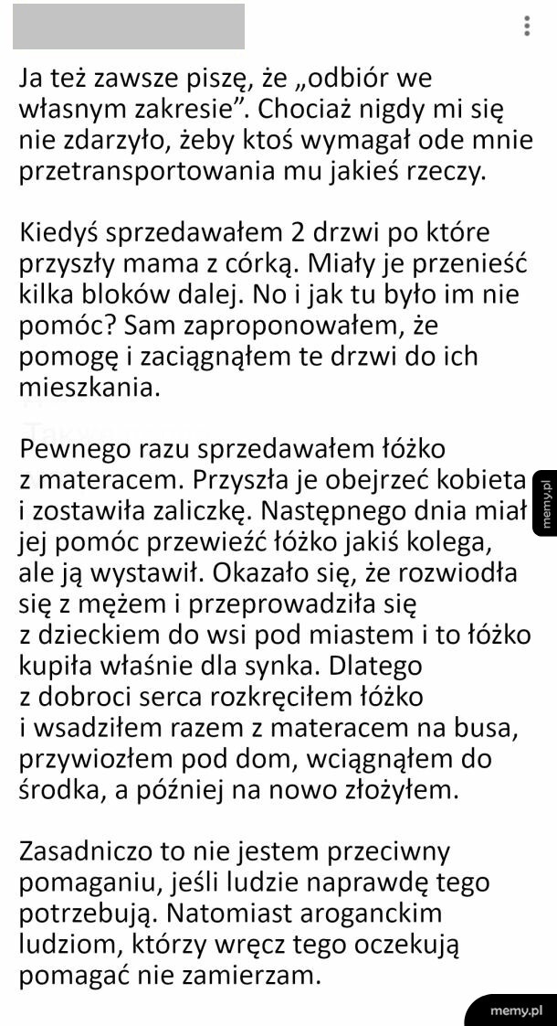 Zrzut ekranu z długim tekstem o sprzedawaniu rzeczy z odbiorem osobistym.