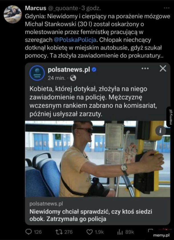 Zrzut ekranu z wiadomości o niewidomym mężczyźnie oskarżonym o molestowanie w autobusie.