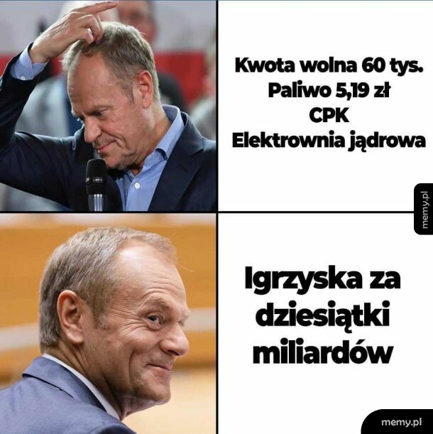 Mem z Donaldem Tuskiem komentującym obietnice wyborcze i igrzyska olimpijskie.
