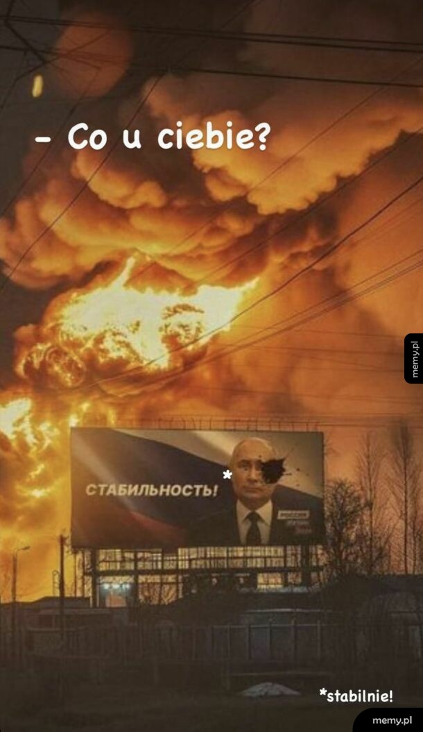 Plakat z Putinem i wielka eksplozja w tle