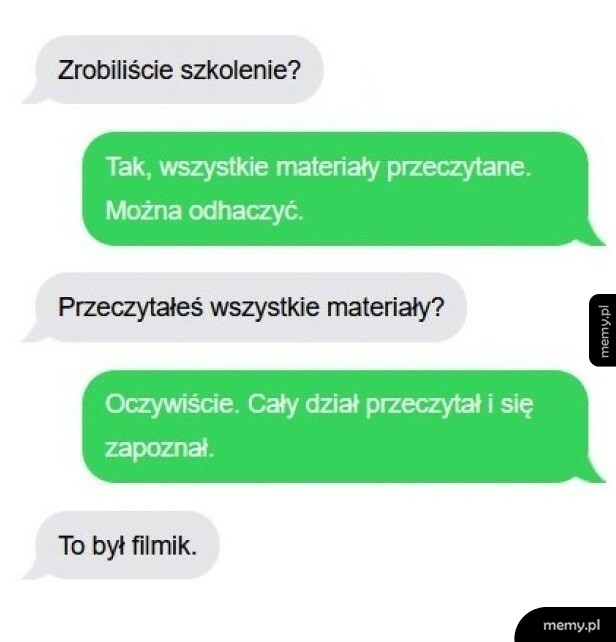 Zrzut ekranu z czatu przedstawiający rozmowę o zaliczeniu szkolenia.