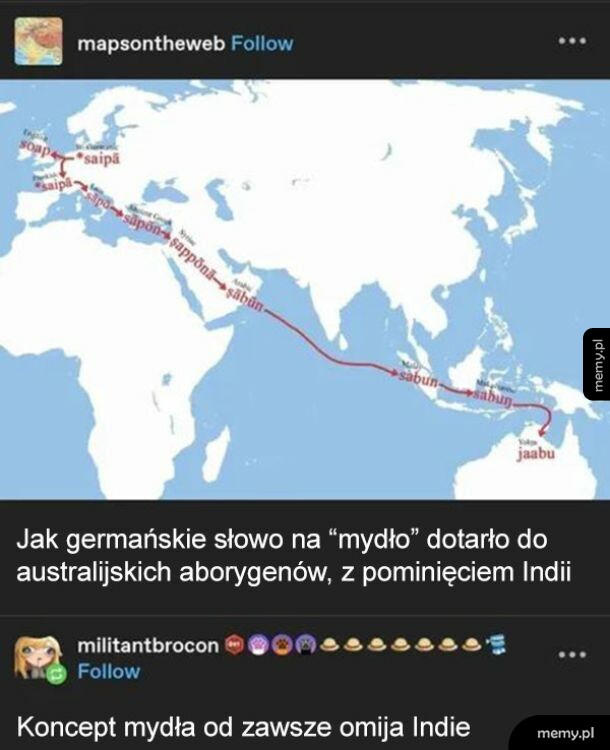 Mapa świata pokazująca trasę ewolucji słowa mydło od Europy do Australii z pominięciem Indii.