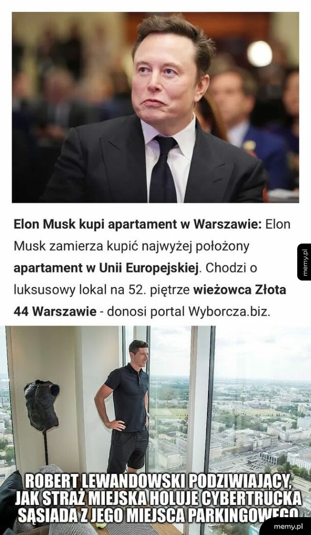 Elon Musk oraz Robert Lewandowski podziwiający widok z okna wieżowca.