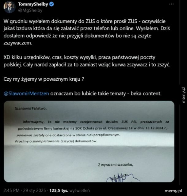 Zrzut ekranu tweeta o odrzuceniu dokumentów przez ZUS z powodu braku zszycia