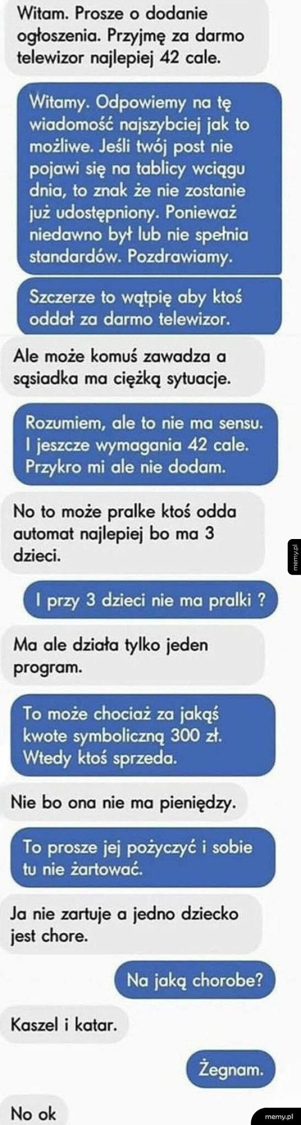 Zrzut ekranu przedstawiający absurdalną rozmowę z administratorem grupy ogłoszeniowej.