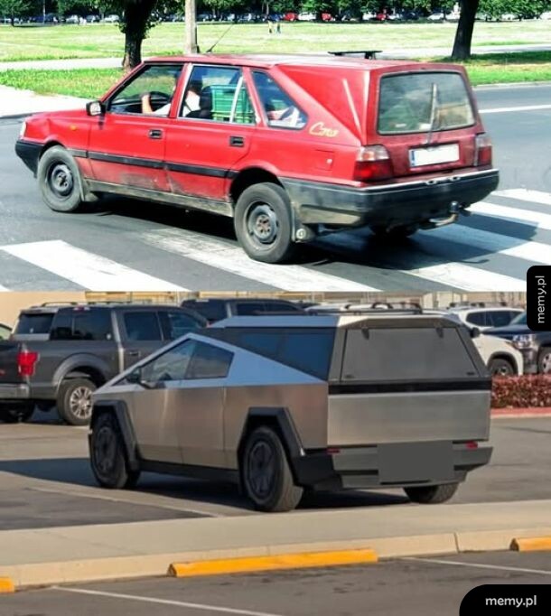Porównanie czerwonego Poloneza Caro z kanciastym Teslą Cybertruck.