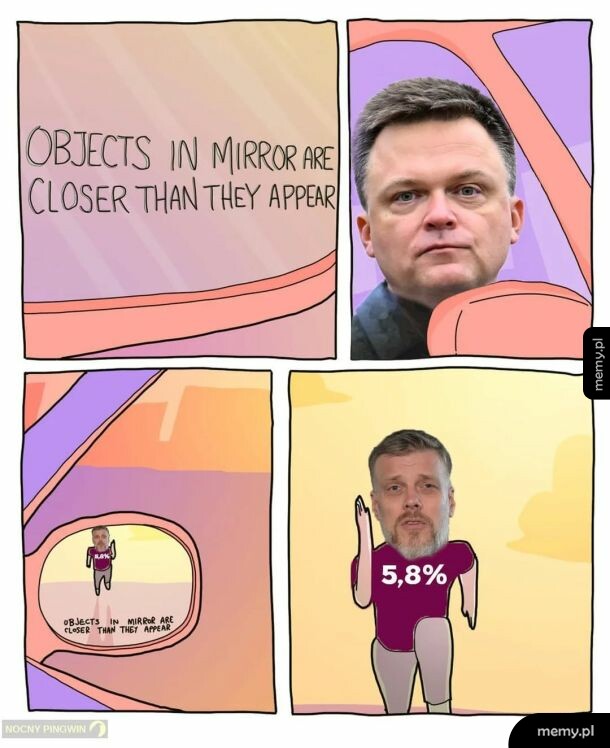 Mem z Szymonem Hołownią w samochodzie i Sławomirem Mentzenem biegnącym w lusterku.