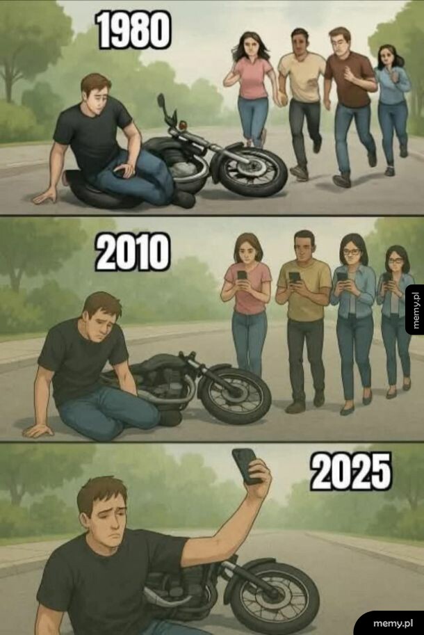 Porównanie reakcji ludzi na wypadek motocyklowy w latach 1980, 2010 i 2025.
