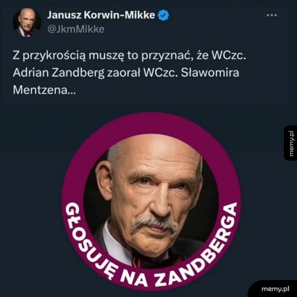 Wpis Janusza Korwin-Mikkego z grafiką poparcia dla Adriana Zandberga