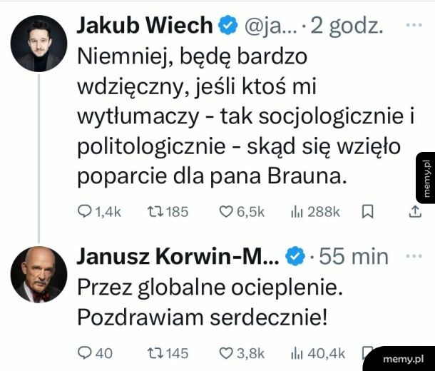 Zrzut ekranu z wpisami Jakuba Wiecha i odpowiedzią Janusza Korwin-Mikke na platformie X.