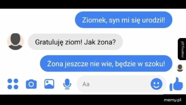 Zrzut ekranu z rozmowy w komunikatorze z żartem o narodzinach syna.