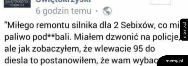 Zrzut ekranu posta z Facebooka z ironicznym tekstem o remoncie silnika.