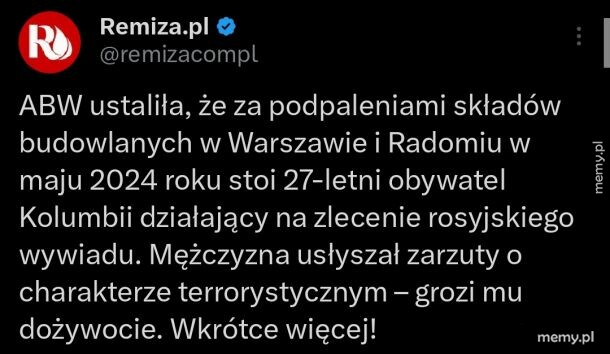 Zrzut ekranu z tweeta profilu Remiza.pl o zatrzymaniu podpalacza.