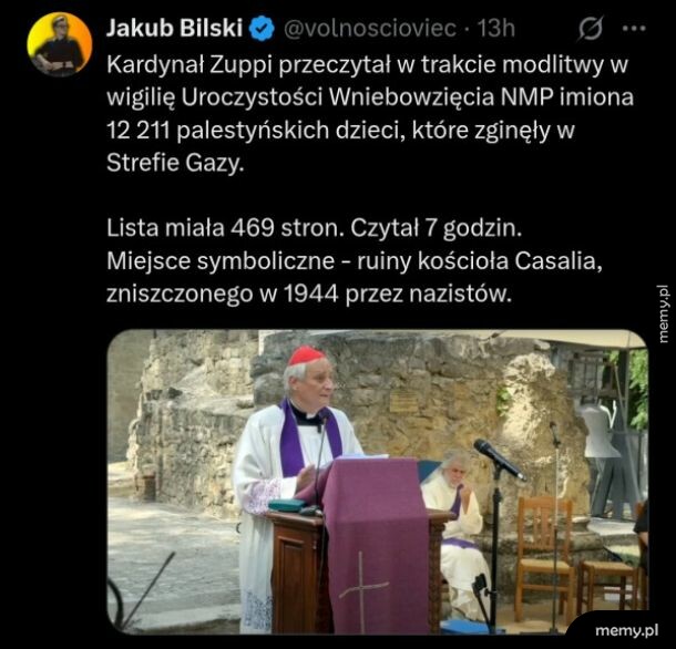 Zrzut ekranu wpisu z X przedstawiający kardynała Zuppiego przy mównicy.