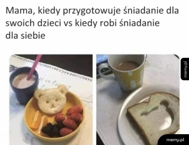 Porównanie śniadania dla dzieci i dla mamy - kanapka z misiem i wykrojona kromka chleba.