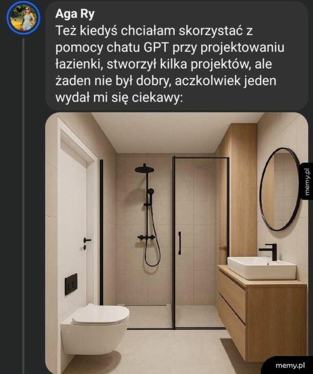 Zrzut ekranu posta z memem przedstawiającym nietypowy projekt łazienki stworzony przez AI.
