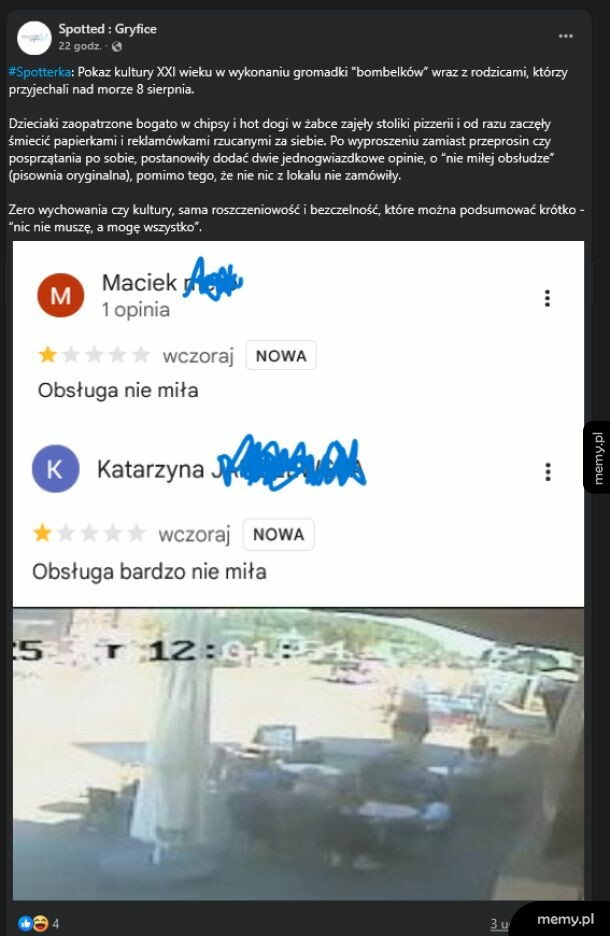 Zrzut ekranu postu z Facebooka z negatywnymi opiniami o pizzerii i kadr z monitoringu.