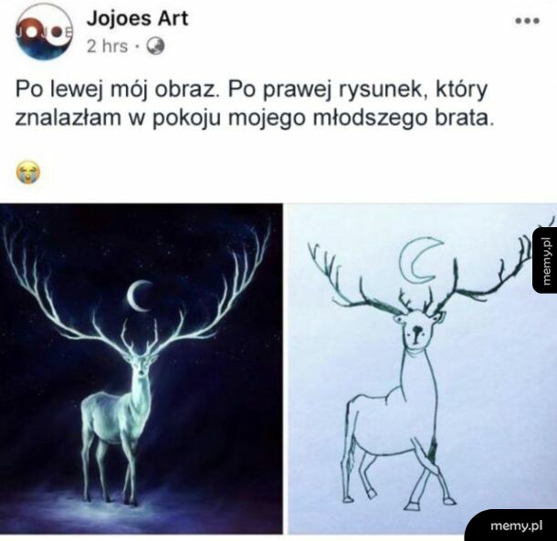 Porównanie profesjonalnego obrazu jelenia z amatorskim rysunkiem brata.