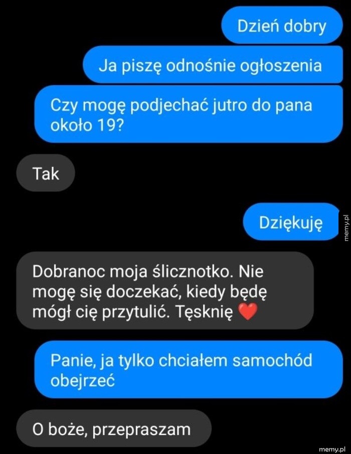 Zrzut ekranu z czatu przedstawiający zabawne nieporozumienie między kupującym a sprzedającym auto.