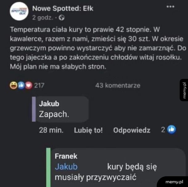 Zrzut ekranu z posta na Facebooku z kuriozalnym pomysłem trzymania kur w kawalerce.