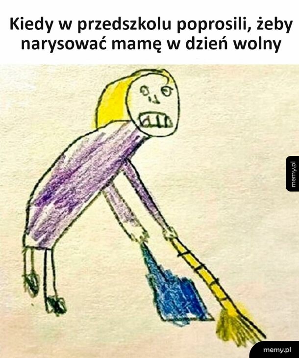 Dziecięcy rysunek przedstawiający kobietę z mopem i szufelką.