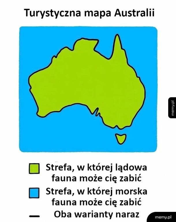 Humorystyczna mapa Australii z legendą dotyczącą niebezpiecznych zwierząt lądowych i morskich.