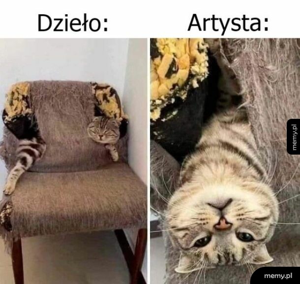 Mendirane krzesło i kot wyglądający przez dziurę w tapicerce z napisem Dzieło i Artysta