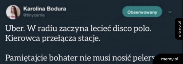 Zrzut ekranu tweeta użytkowniki Karoliny Bodury na temat jazdy Uberem