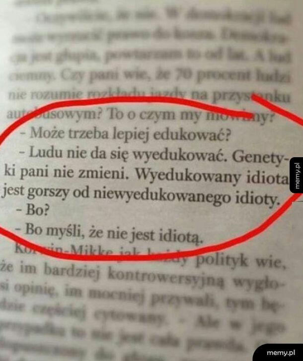 Zdjęcie strony książki z zakreślonym na czerwono tekstem rozmowy o edukacji.
