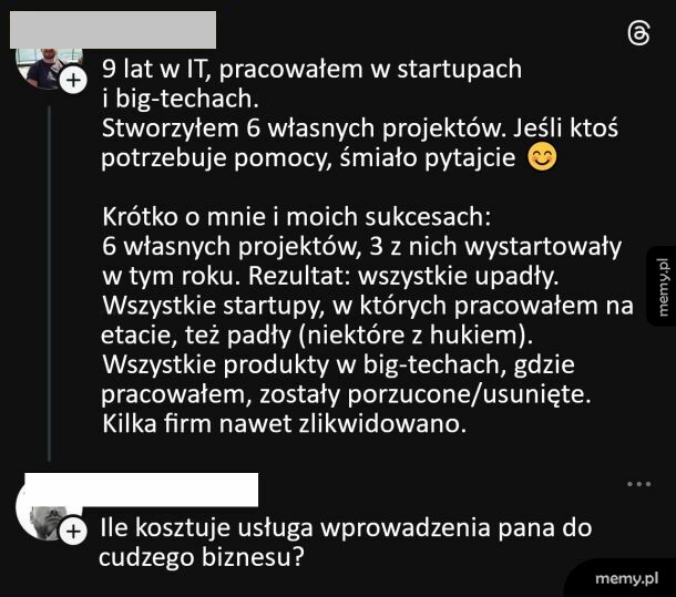 Zrzut ekranu z wpisu o doświadczeniu w IT i pasmie porażek.