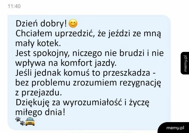 Zrzut ekranu z wiadomości tekstowej o pasażerze z kotem