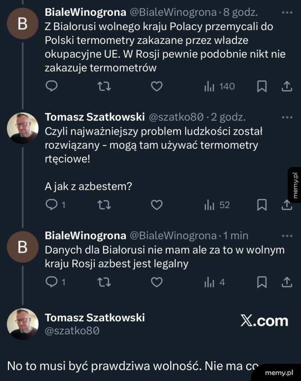 Zrzut ekranu z wpisów na portalu X (Twitter) dotyczący unijnych zakazów i wolności.