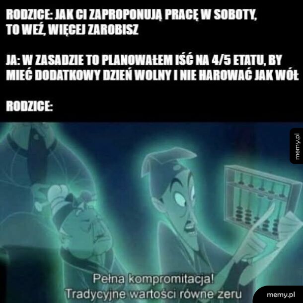 Mem z postaciami z Mulan i podpisami o pracy w soboty.