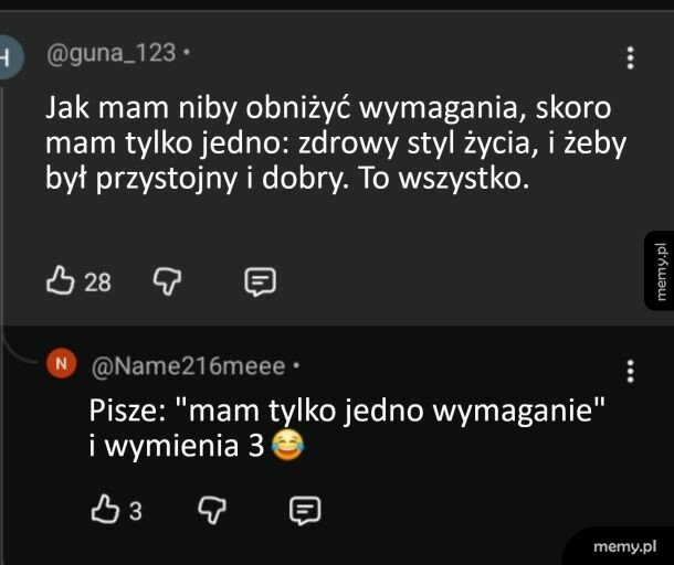 Zrzut ekranu z komentarzami na Twitterze/X dot. wymagań wobec partnera.