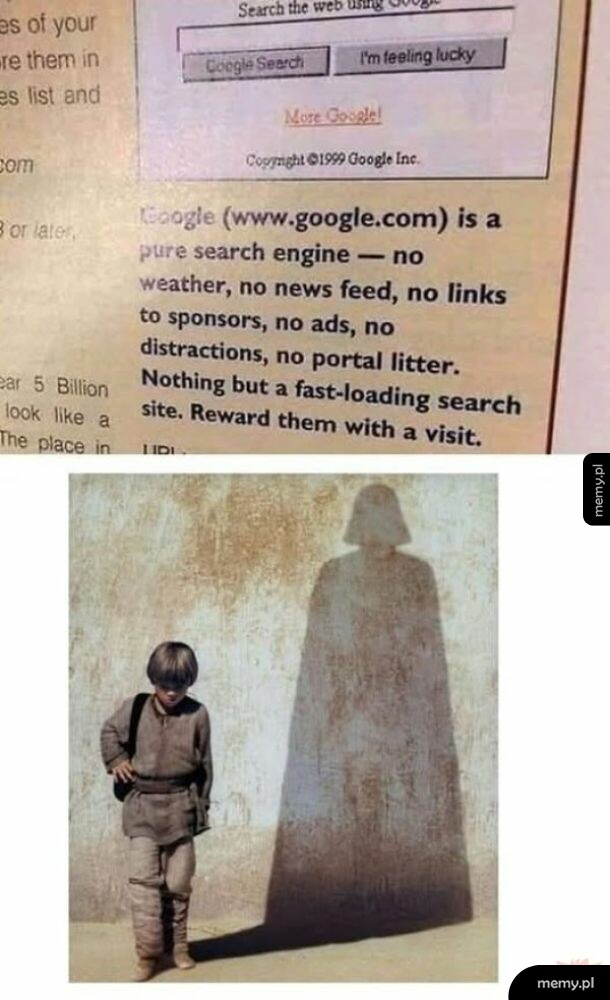 Stary opis Google z 1999 roku i plakat młodego Anakina z cieniem Vadera